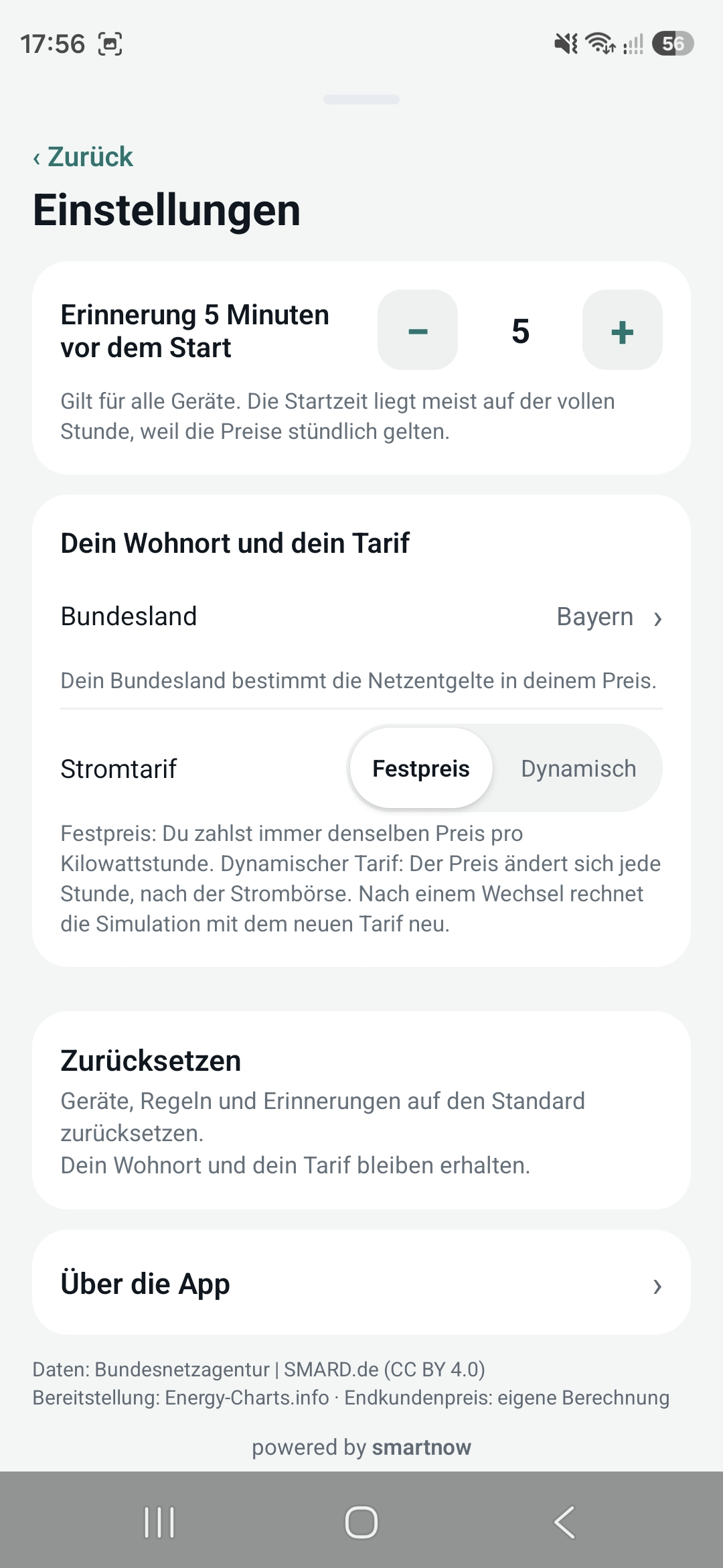 Einstellungen: Wohnort und Tarif – ohne Angabe rechnen wir mit dem Bundesland vom ersten Start.