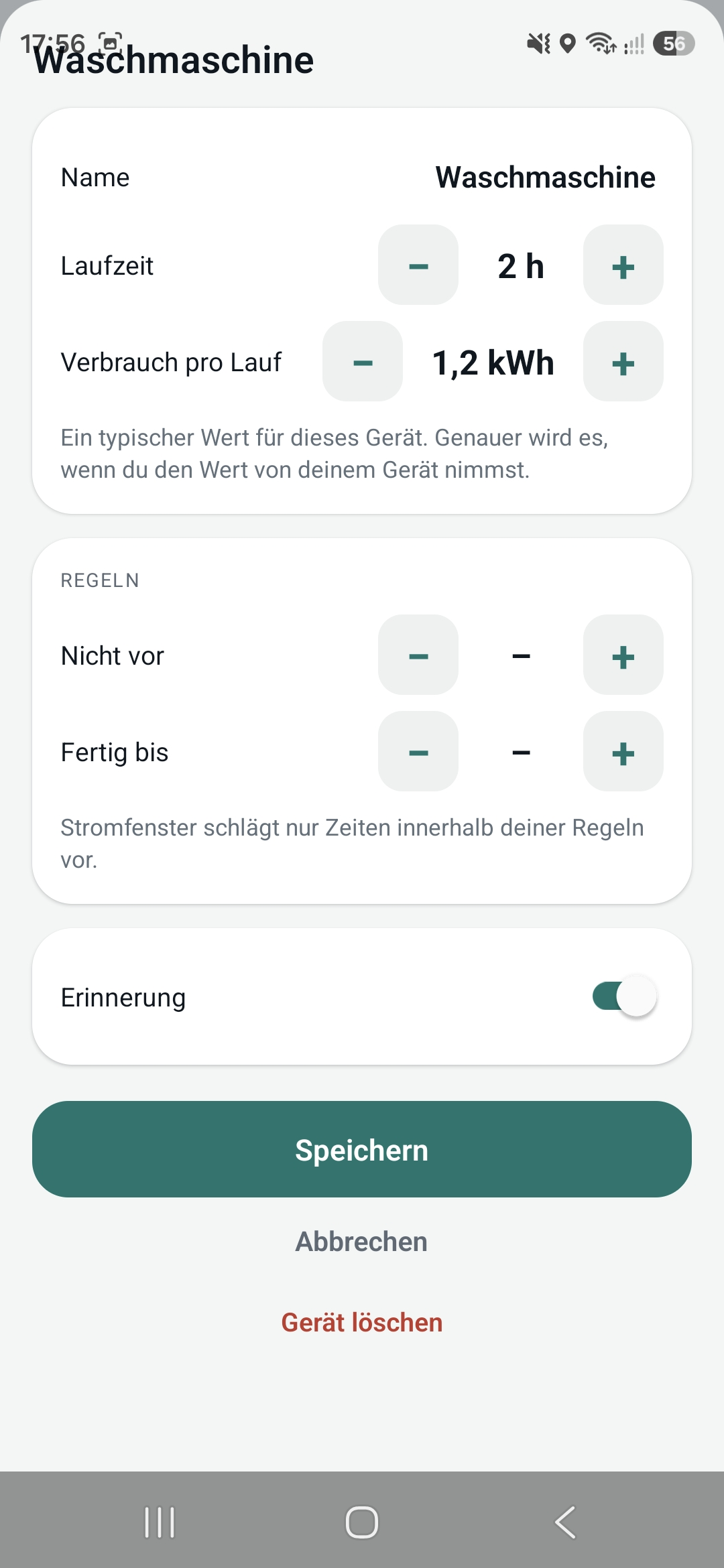 Für jedes Gerät: Laufzeit, Verbrauch und deine Regeln wie «Nicht vor» und «Fertig bis».