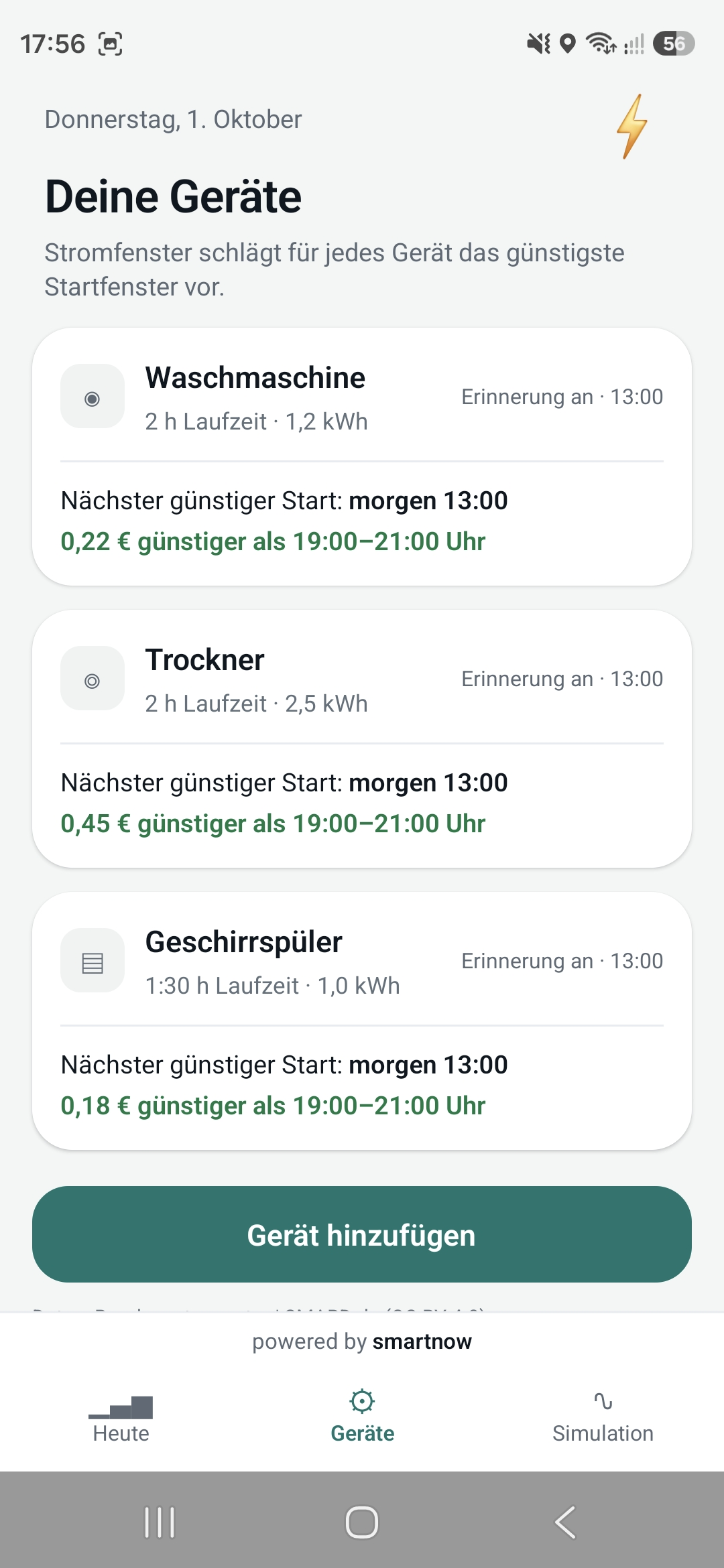 Deine Geräte: für jedes die günstigste Startzeit der nächsten 24 Stunden.