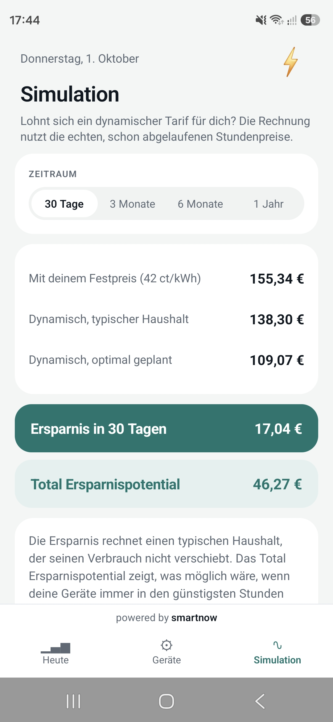 Tab Simulation: der Ersparnis-Rechner mit Festpreis und Jahresverbrauch.