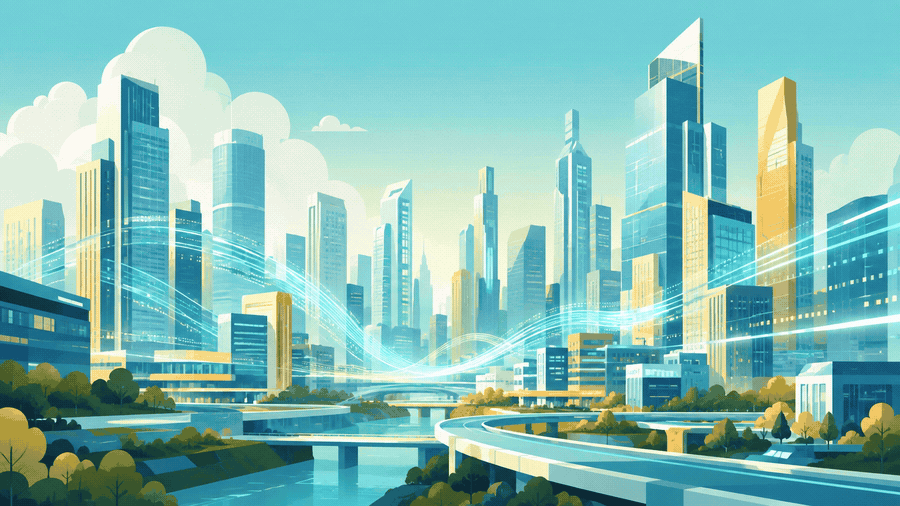 Futuristische Stadtlandschaft mit digitalen Datenströmen